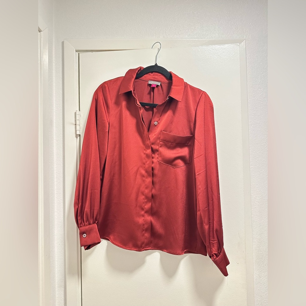 Vince Camuto Copper Satin Work Button-Up Blouse